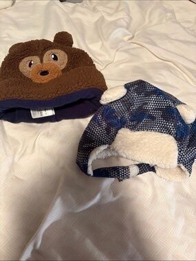 Carter's Brown Bear Fleece Hat and Navy Patterned Sherpa Earflap Hat